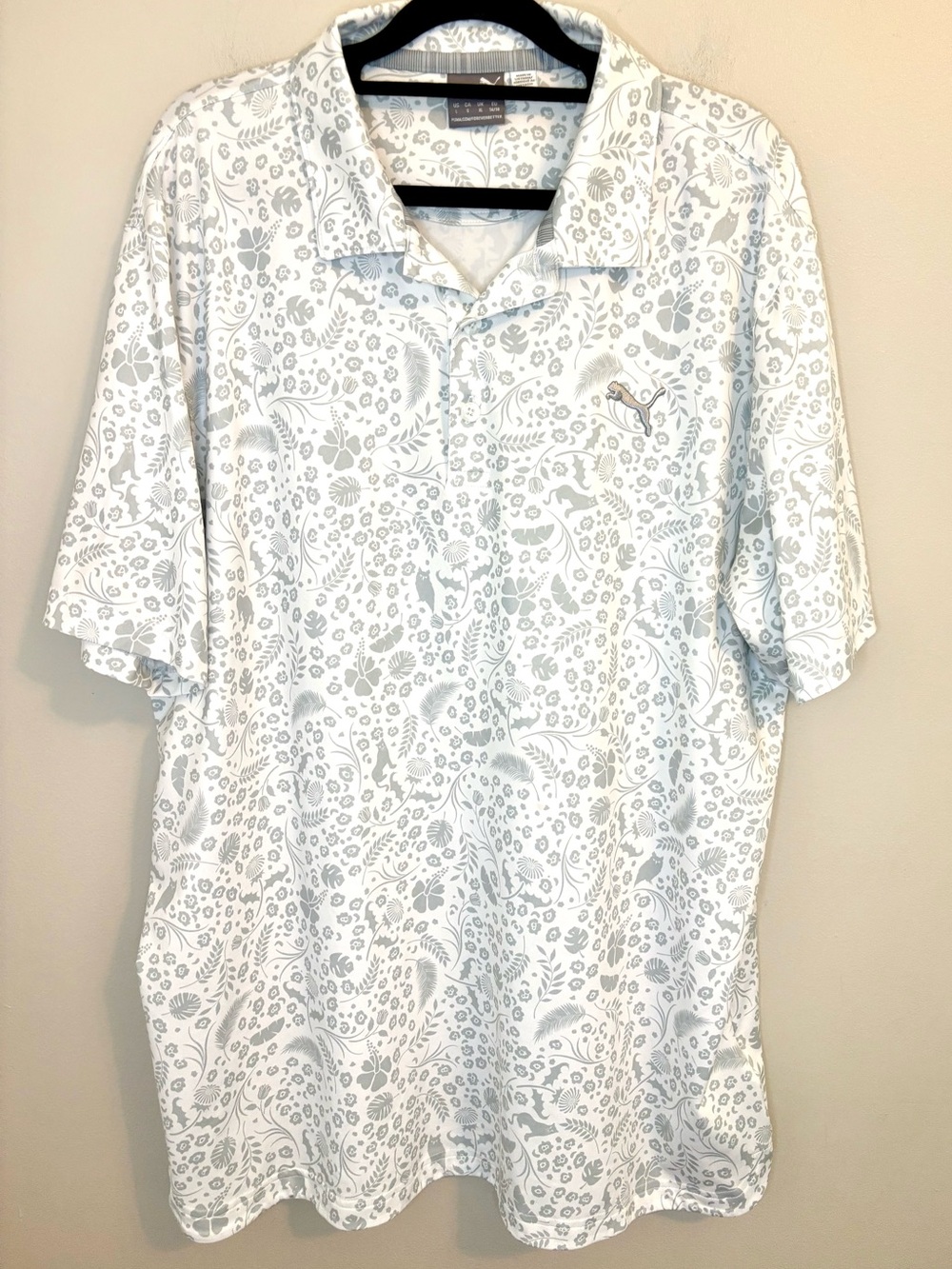 Puma Golf Floral Tropical Print Polo Shirt Men’s Large Gray White